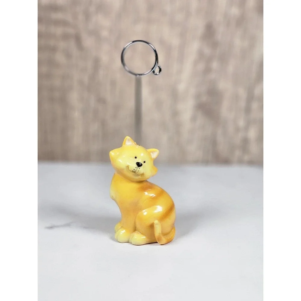 Vintage Ceramic Cat Card Holder Orange Desk Organizer Cute Feline Decor